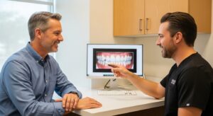 Dentist and patient discussing cosmetic dentistry options in modern office