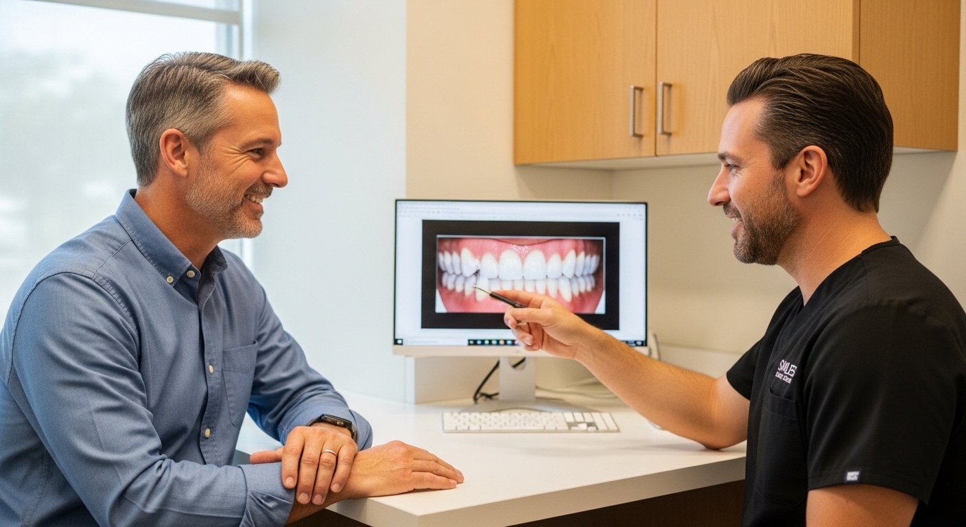 Dentist and patient discussing cosmetic dentistry options in modern office